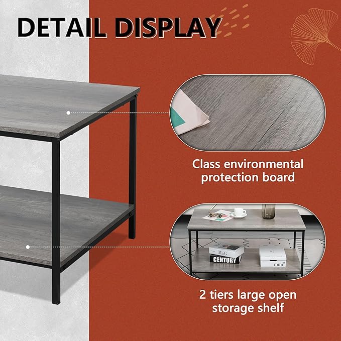 SENIG 2-Tier Coffee Table with Storage Shelf for Small Living Spaces, Grey Oak Rectangle Wood and Sturdy Metal Side End Table, Stable Metal TV Stand, Functional Center Table for Living Room
