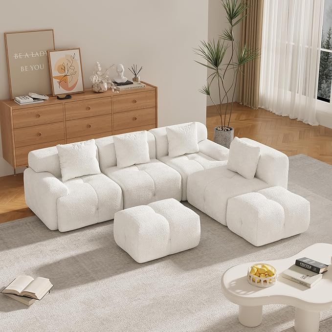 135" U-Shaped Compressed Sectional Cloud Sofa, Flannel Upholstered Modular Tufted Sofa with 6 Pieces, Symmetrical Boneless Foam Modular Cloud Couches for Living Room