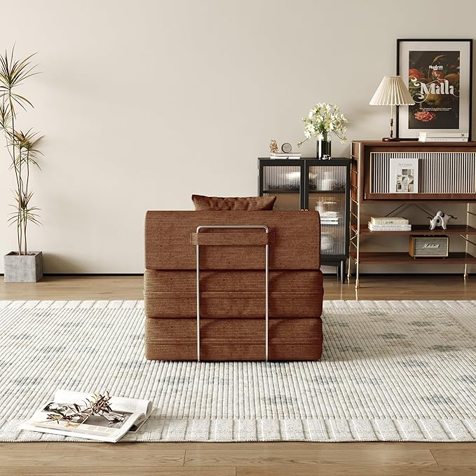 31.5'' Convertible Compressed Corduroy Folding Sofa Bed, Modern Boneless Pull Out Sleeper Sofa Couch in a Box, 3 in 1 Portable Lazy Floor Lounge Chair, No Assembly Needed, Caramel, Pillow, Single