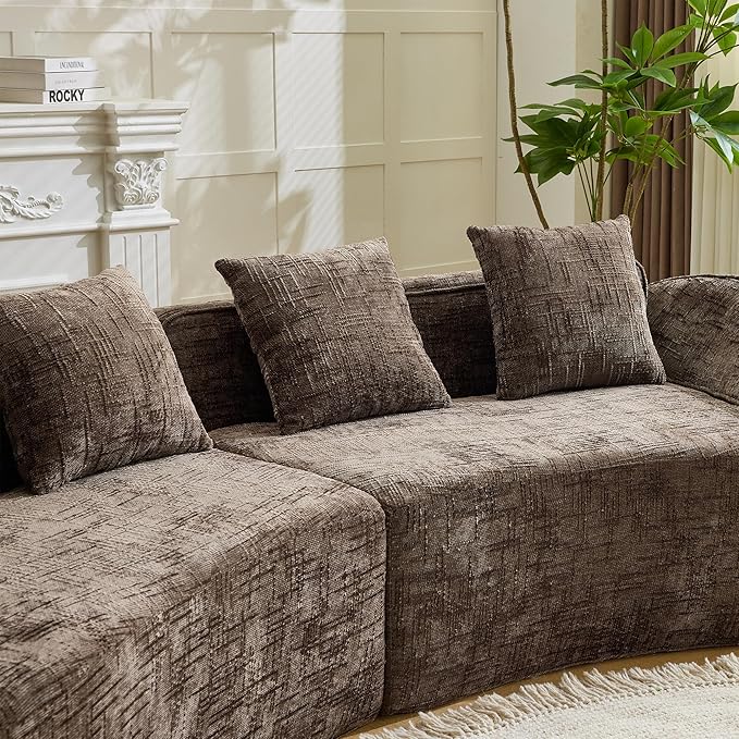 109-Inch Curved Boneless Sofa Couches Compressed 4-Seat Foam Couch for Living Room Bedroom, Boneless Modular Cloud Sofa Curved Floor Couch with 4 Pillows, No Assembly