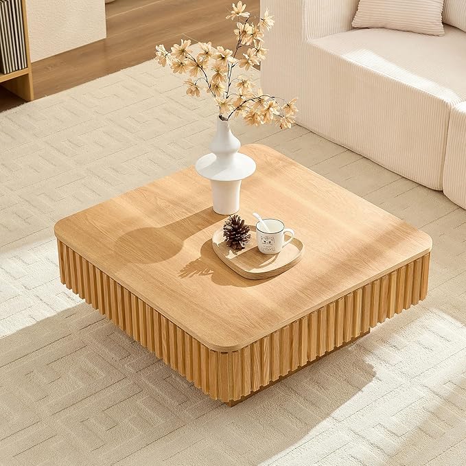 WILLIAMSPACE 35.43" Lift Top Coffee Table with Hidden Storage & Sturdy Base, Modern Luxury Square Wood Handcraft Drum Center Table Accent End Tea Table for Living Room, Minimalist Fluted Design, Oak