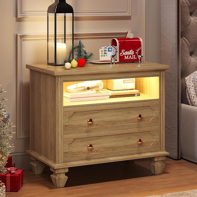 FREDEES 28'' Wide Night Stand with 2 Drawers, Smart Bedside Table with Outlet & Charger Station, Large Nightstand with 3 LED Lights, Farmhouse Solid Wood Leg for Bedroom, Natural Wood by FREDEES