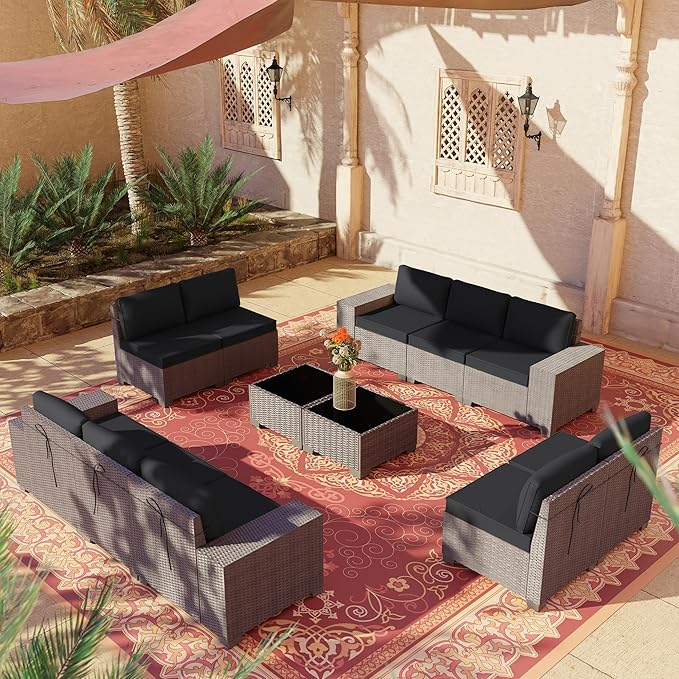 12 PCS Outdoor Patio Furniture Set,Outdoor Sectional Furniture All Weather PE Rattan Wicker Patio Conversation Set with 2 Coffee Tables and 10 Thickened Cushions,Black