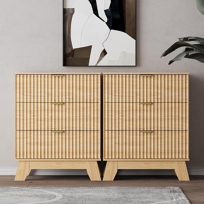 Wodeer Night Stand Set 2, Bedside Table & End Table, Mid Century Modern Fluted Wood Nightstand with 3 Drawers & Metal Handles, Farmhouse Nightstand for Bedroom, Natural Oak by WODEER