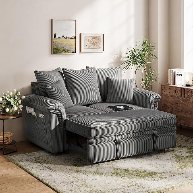 LINSY HOME Sectional Loveseat Sofa with Pull Out Chaise (Gray, 62.5'') | USB Charging, Pillow-style Armrest, Multiple Cushions, Side Storage Pockets, Corduroy Fabric