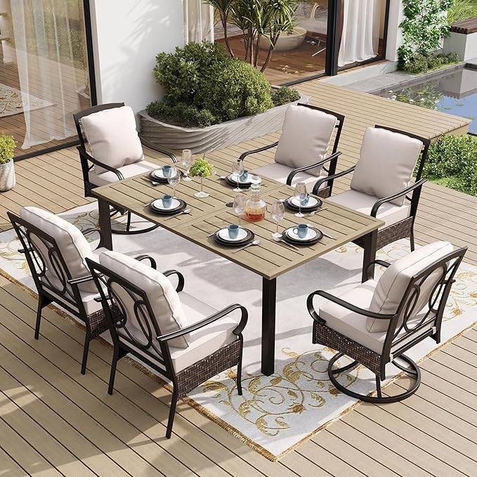SUNSHINE VALLEY 7 Piece Patio Dining Sets for 6, Outdoor Table and Chairs with Cushioned Wicker Swivel & Leg Patio Dining Chairs & Wood-Like Dining Table, Outdoor Dining Sets for Lawn Garden Backyard by SUNSHINEVALLEY