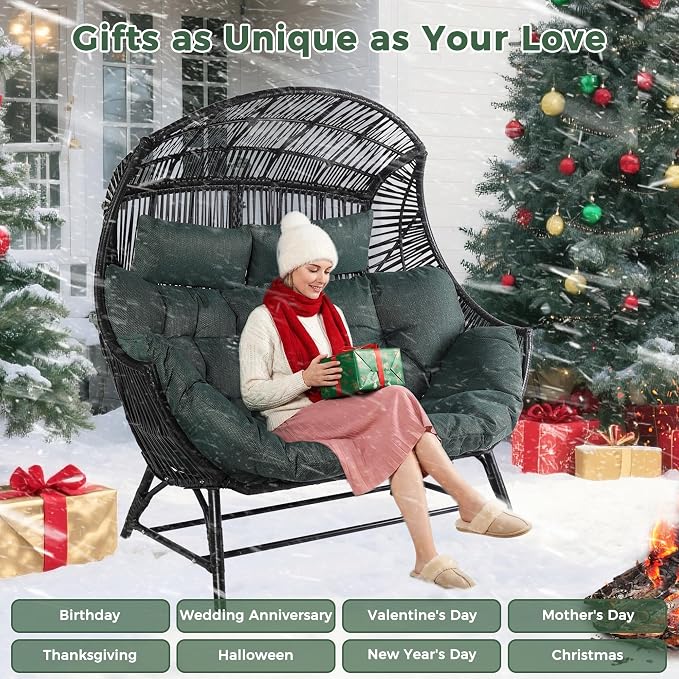IRONCK Egg Chair Outdoor, Double Wicker Egg Lounge Chair, Upgraded Feet, Handrest and Padded Cushion, 700Lbs, Oversized Loveseat for Backyard, Patio, Living Room, Dark Green - Image 8
