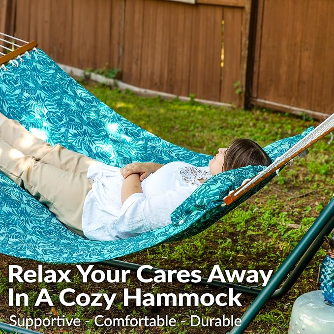 Sunnydaze Quilted Double Hammock for Outside with Spreader Bars and Pillow - 450 lb Capacity, 74x55 Inch Bed, UV Resistant, Quick Dry - Chains Included, Stand Sold Separately - Cool Blue Tropics - Image 4