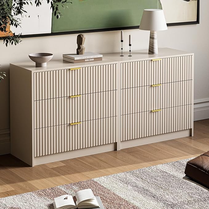 MAISONARIA 3-Piece Dresser Bedroom Set, 8 Drawer Dresser & 3 Drawer Nightstands with Gold Handles, Fluted Wood Chest of Drawers for Bedroom, Living Room, Entryway, Beige