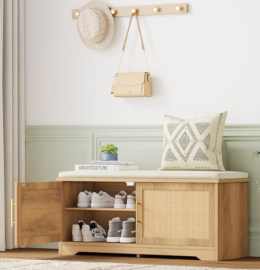 Rattan Shoe Storage Bench with Cushion, 39.4" Wide Entryway Bench with Adjustable Shelf, Hidden Shoe Organizer Cabinet, for Hallway, Living Room, Bedroom, Natural Oak by Zeibospri