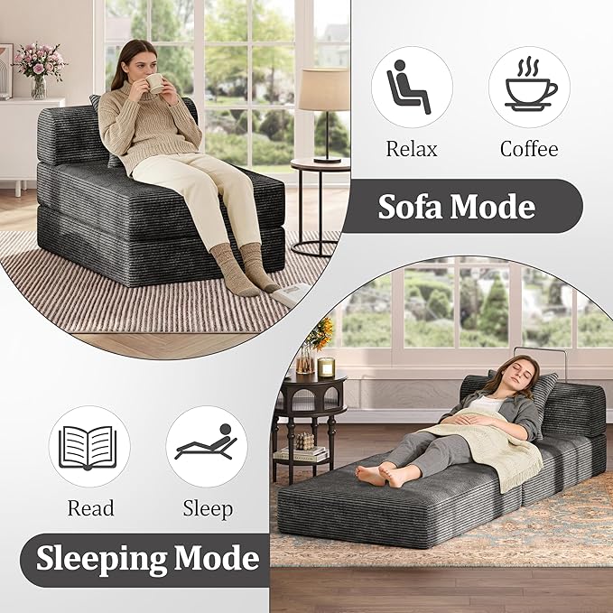 HouseMila Sofa Bed Couch,Convertible Boneless Couch Compressed Chair Comfy Boneless Chair Floor Lounge Chair with Pillow,No Assembly Folding Sofa Beds for Living Room Bedroom Guest Room(Single,Grey