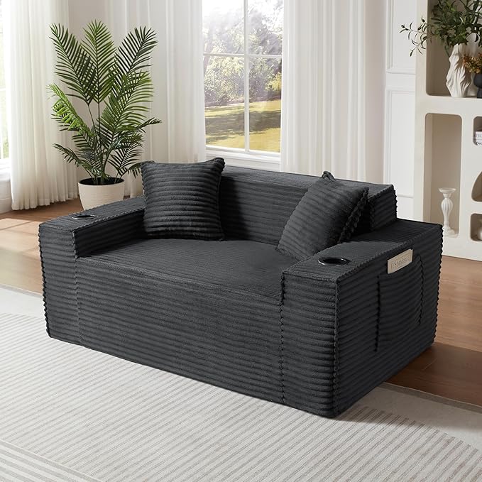 Cloud Loveseat Boneless Sofa Couch in a Box with Cupholders, Modern Corduroy Compressed Sofa for Living Room, 2 Seater High-Density Foam Couch with Pillows, No Assembly Required
