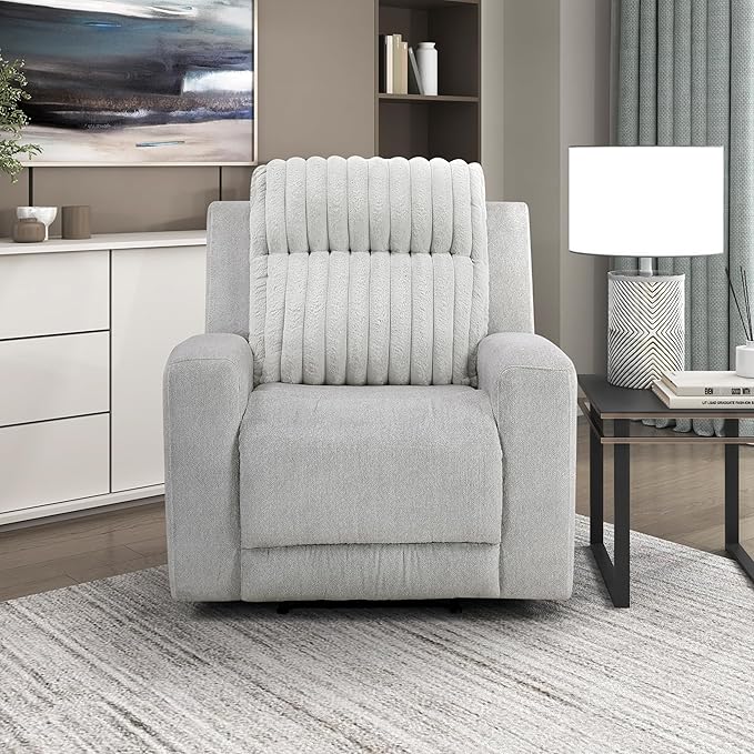 Lexicon Modern Recliner Chair for Living Room, Manual Wall Hugger Textured Microfiber Reclining Chair, Plush Corduroy Channel Seat Back, Manual Recliner, Light Gray