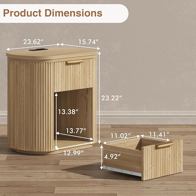 Fluted Nightstand with Charging Station, 23.6" Large Bedside Side Table with Drawer, Wood End Table with Storage, Curved Round Corner, Furniture Bedroom Sofa, Mid Century Modern, Farmhouse Boho,Oak - Image 2