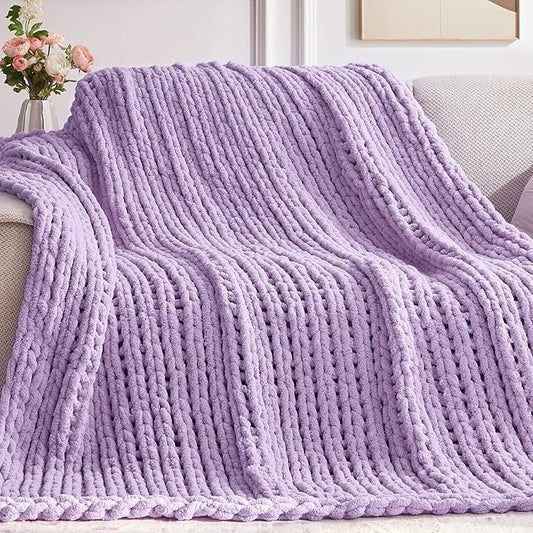 Negwoo Chunky Knit Throw Blanket, 60''*80'' Knitted Throw Chenille Yarn for Bed Couch, Handmade Light Purple Crochet Big Thick Blanket, Machine Washable Cute Comfy Blanket for Home Decor