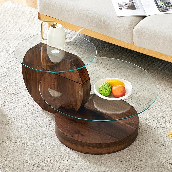 35.4" Glass Coffee Table, Round Coffee Table, 2-Tier Tempered Glass Tabletop with Walnut Base, Modern Center Table for Living Room, Home, Apartment, Ideal for Small Space