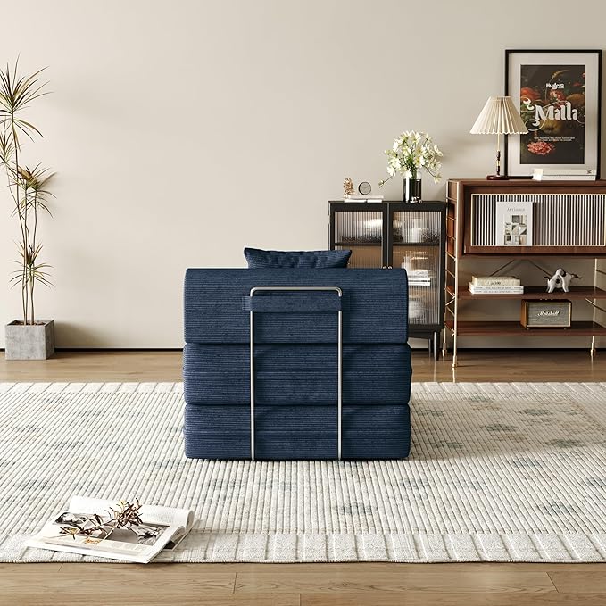 31.5'' Convertible Compressed Corduroy Folding Sofa Bed, Modern Boneless Pull Out Sleeper Sofa Couch in a Box, 3 in 1 Portable Lazy Floor Lounge Chair, No Assembly Needed, Navy Blue, Pillow, Single