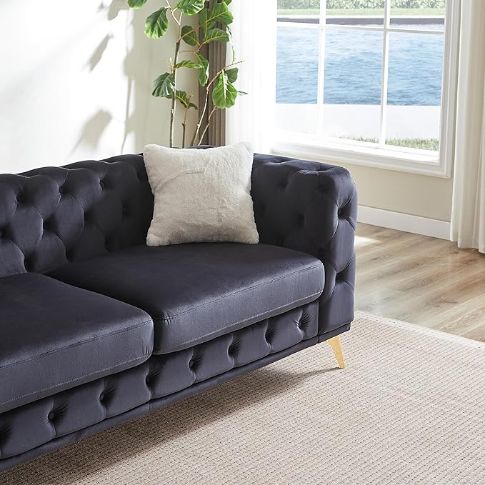 KEIKI 2-Piece Luxury Chesterfield Sofa Set with 2 Velvet 3-Seater Sofa, Mid-Century 6-Seater Tufted Buttons Couch Set with 4 Pillows & High-Density Foam Cushions, Easy Assembly, for Living Room, Black
