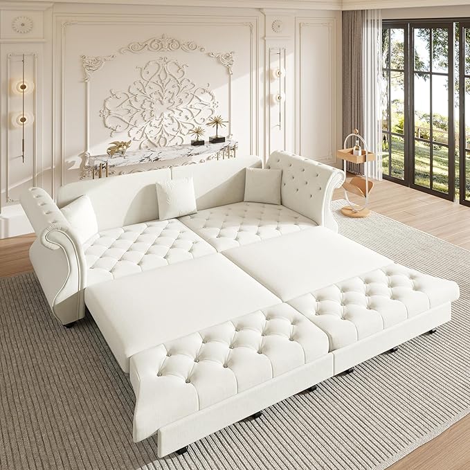 Eafurn Oversized 4-Seater Chesterfield Loveseat Convertible King Size Sleeper Couch Bed,Classic Tufted Velvet Pull Out Loveseat Sofa Bed with Roll Armrest and Solid Wood Legs