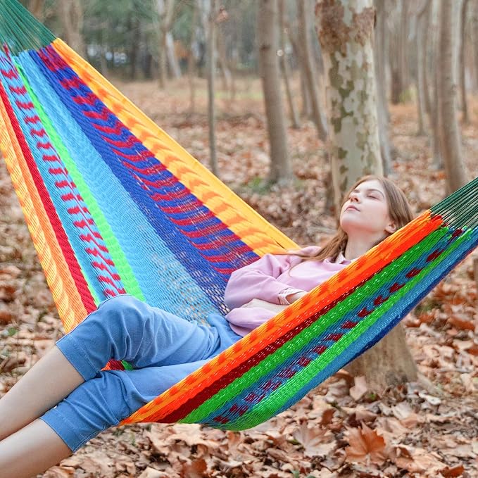 PNAEUT Handwoven Mayan Hammocks for Outside, Handwoven Thick Soft Rope Double Hammocks for Outdoor Indoor, Max 600 lbs Capacity, Tree Straps, Carabiners & Carrying Bag Included (Tropical, X-Large) - Image 2