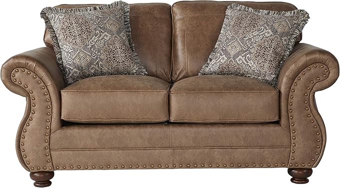 Leinster Faux Leather Loveseat with Antique Bronze Nailheads in Jetson Ginger