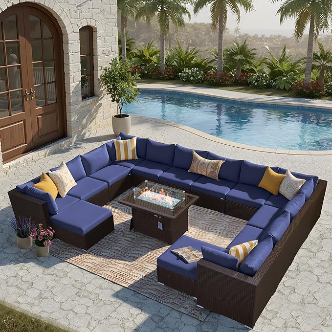 BULEXYARD 15 Piece Highback Wicker Patio Furniture Sets with Firepit, All-Weather Heavy Duty Outdoor Conversation Set Modular, Extra Deep Wide 14-Seats Sectional Couch Sofa for Backyard, Brown & Blue