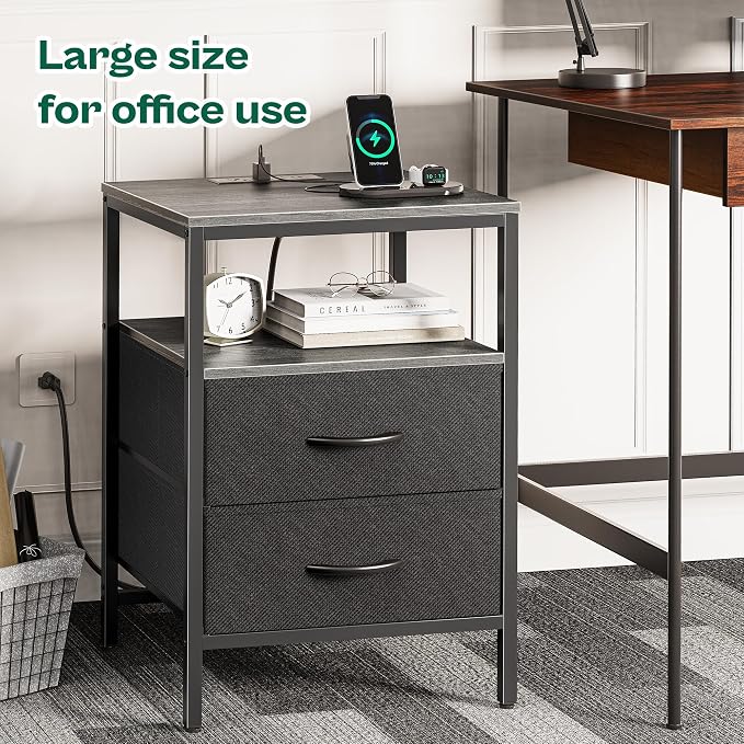Huuger Night Stand with Charger Station, 27.7 Inch Tall Nightstand, Bed Side Table with 2 Fabric Drawers, Fabric Drawer Dresser for Bedroom, Living Room, Grey - Image 6