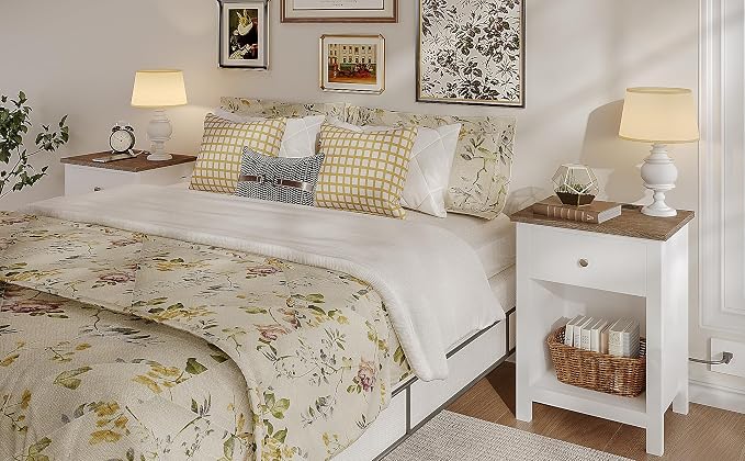 ChooChoo Farmhouse Nightstand Set of 2,Night Stand with Charging Station, Wooden Top Bedside End Table with Drawer and Storage Space for Bedroom, White - Image 3