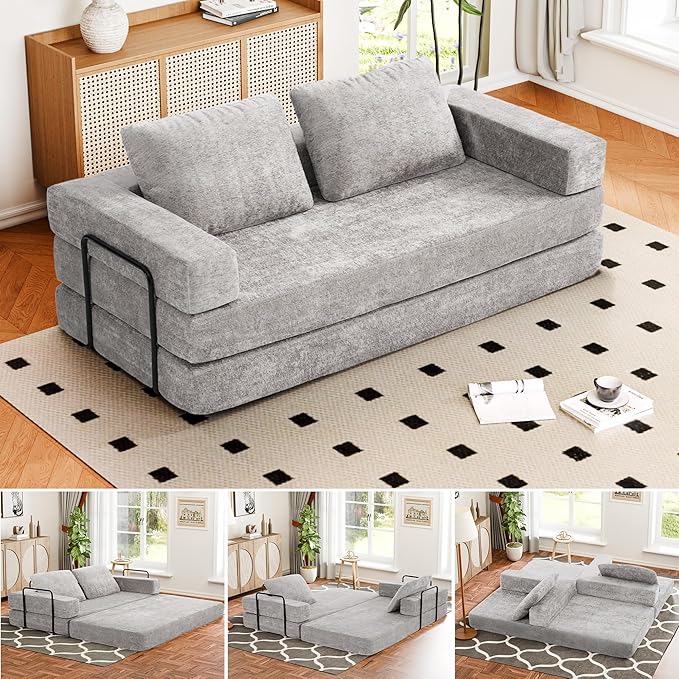 Convertible Sofa Bed, 4-in-1 DIY Combination Modular Couch with Pillows, Comfy Boneless Sleeper Sofa Bed with Fixed-Shape Frame, Chenille Convertible Lounge Couch for Living Room, Light Gray