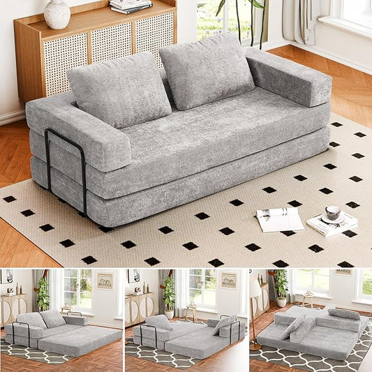 Convertible Sofa Bed, 4-in-1 DIY Combination Modular Couch with Pillows, Comfy Boneless Sleeper Sofa Bed with Fixed-Shape Frame, Chenille Convertible Lounge Couch for Living Room, Light Gray