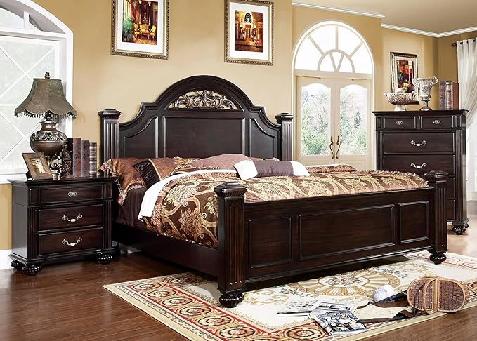 Furniture of America Malierd 3 Piece Traditional Bed Set with 2 Nightstands, Box Spring Required, Queen, Dark Walnut