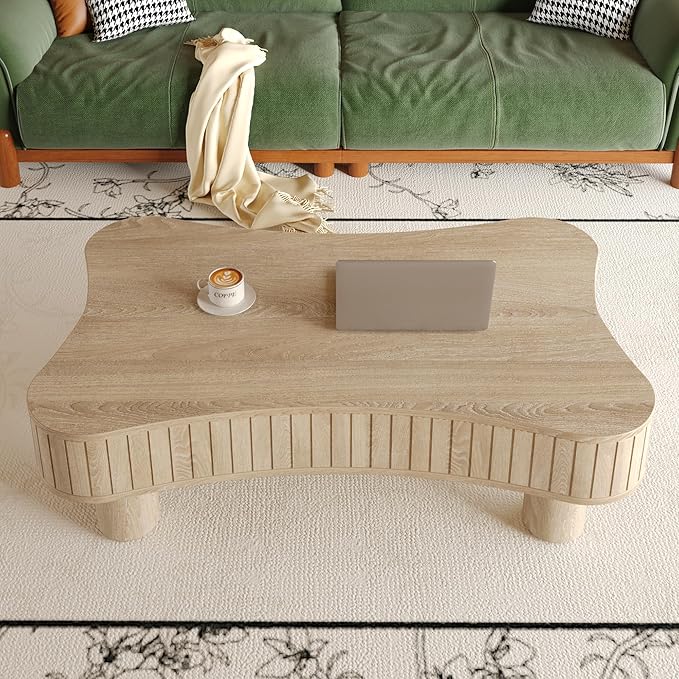 42.52'' Cloud Coffee Table with Lifting Top for Living Room Irregular Coffee Table with Storage Modern Low Cute Wooden Fluted Center Tables Pull Up Tables Grey
