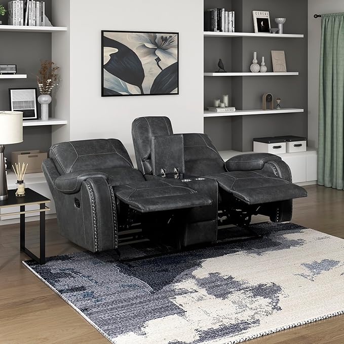 Lexicon Modern Double Reclining Loveseat, Faux Leather Recliner Loveseat with Nailhead, Center Console, Receptacle and USB Ports, Manual Recliner Loveseat Couch for Living Room/Office/Apartment, Grey