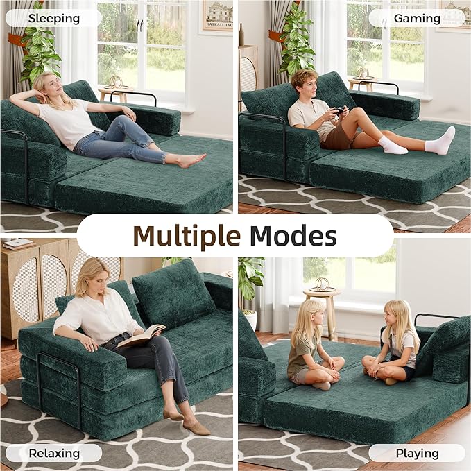 Convertible Sofa Bed, 4-in-1 DIY Combination Modular Couch with Pillows, Comfy Boneless Sleeper Sofa Bed with Fixed-Shape Frame, Chenille Convertible Lounge Couch for Living Room, Green