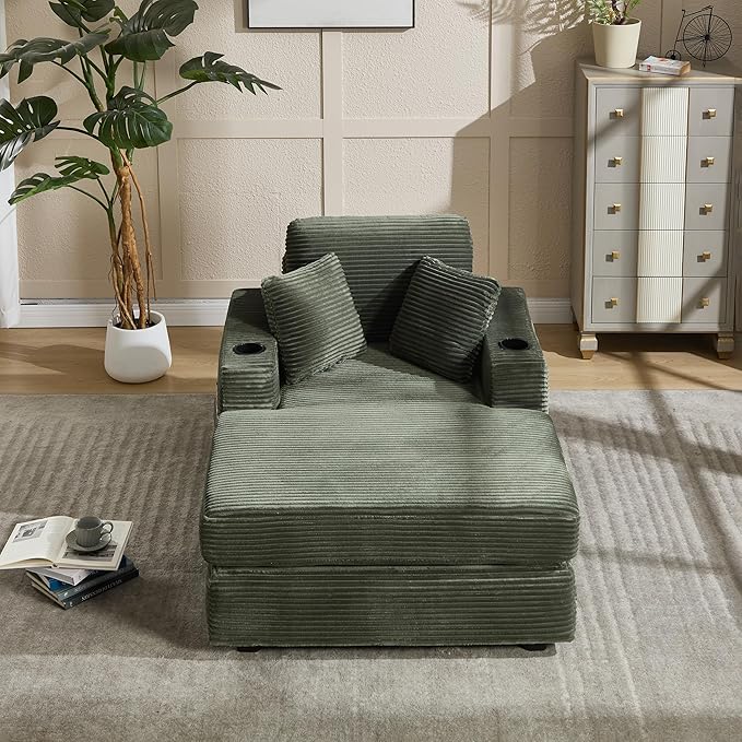 KEIKI Oversized Accent Chair with Ottoman, Chaise Lounge Chair Indoor with Cupholders, Oversized Sofa Bed, Deep Seat Sleeper Couch Reading Chairs for Living Room, Dark Green