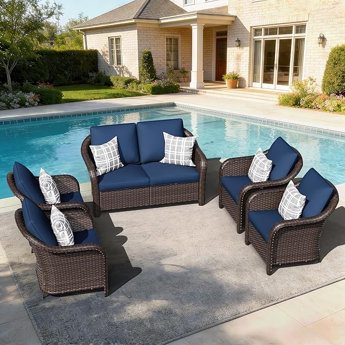 5 PCS Outdoor Conversation Set | 55" Couch, 4 Chairs, Patio Wicker Conversation Furniture with Removable Cushions for Bistro, Deck, Sunroom (Navy Blue)