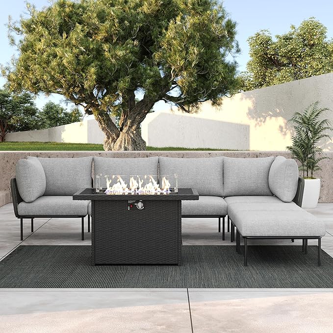 LayinSun 7 Pieces Aluminum Patio Furniture Set, Modern Modular Sectional Sofa with Fire Pit Table and Upgrade Thickness Cushion