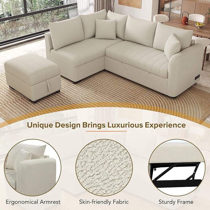 Ball & Cast L-Shaped Sectional Pull Out Sofa with Two USB Ports,4-Seater Convertible Couch w/Power Sockets and Movable Storage Ottoman,for Living Room,Apartment,Beige