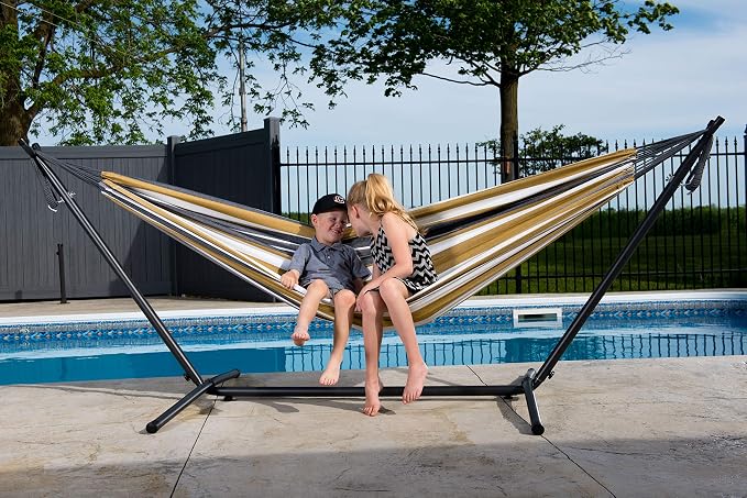 Vivere Double Cotton Hammock with Space Saving Steel Stand, Upgraded Polyester End Strings 450 lb Capacity - Premium Carry Bag Included (Desert Moon) - Image 3