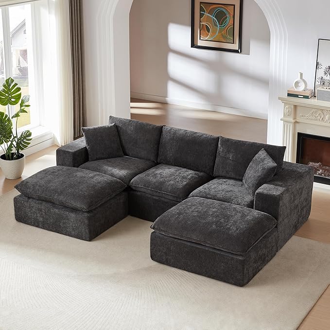 Cloud Modular Sectional Couches Boneless Sofa for Living Room, Oversized U Shaped Floor Couch with Movable Ottomans, Memory Foam Compressed 4 Seater Sofa for Bedroom Apartment | Plush, Wider Armrest, Free Combination