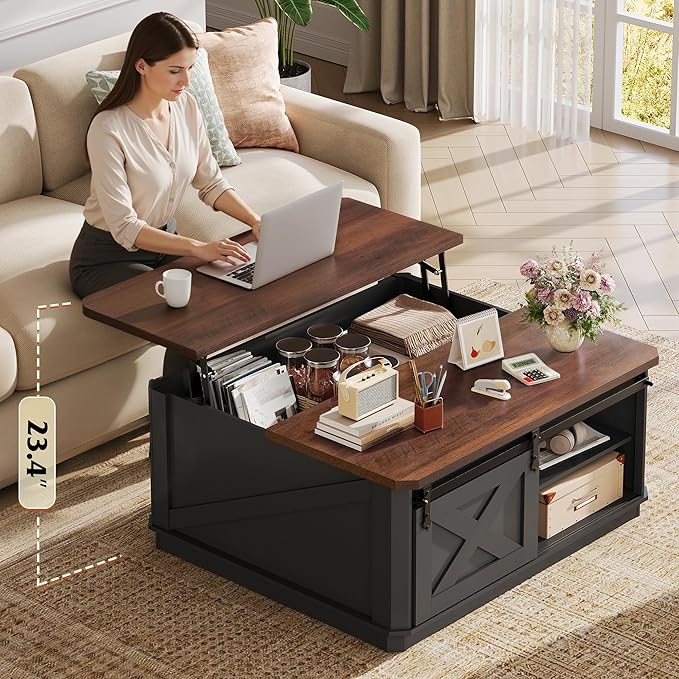WLIVE Framhouse Coffee Table with Storage, 35.5" Lift Top Coffee Table for Living Room, Square Center Table, Rustic Cocktail Table with Sliding Barn Doors, Curevd Base, Black