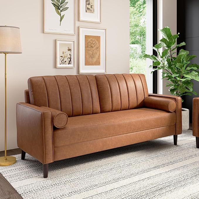 Bush Home 77-inch Sofa, Living Room Furniture, Max Collection, Buffed Camel Vegan Leather