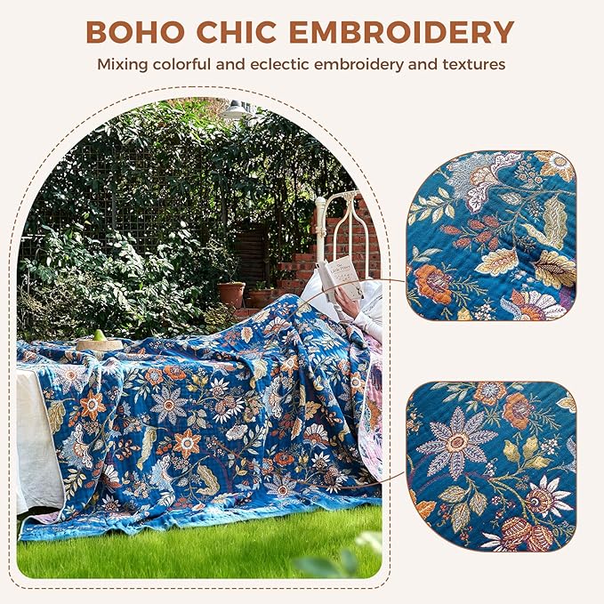 LUTBM Boho Throw Blanket for Couch Sofa Chair Cotton Spring Blankets for Bedroom Living Room All Season Lightweight Reversible Floral Embroidery Throws 50"x60"