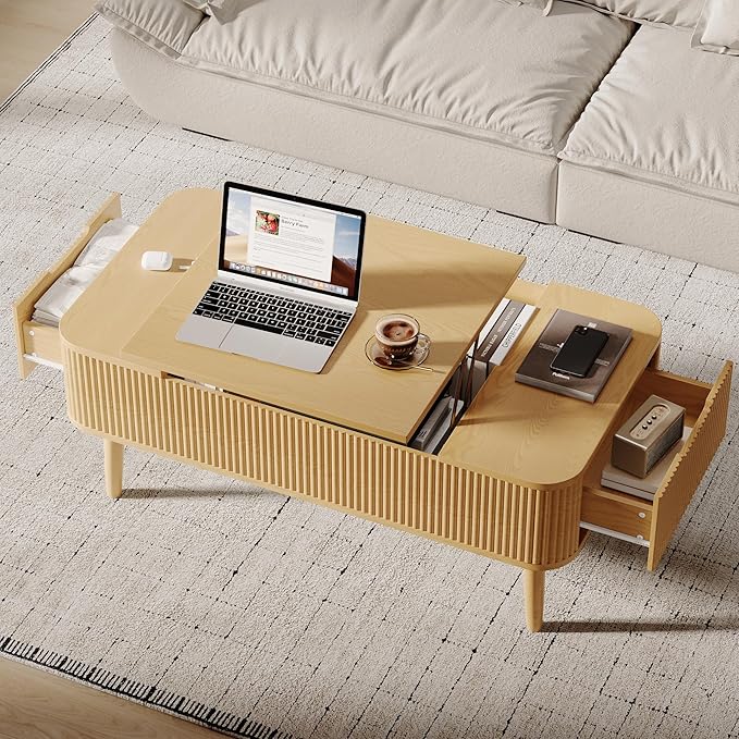47.2” Modern Coffee Table Wooden Fluted Lift Top Coffee Table with Hidden Compartment, Mid Century Modern Rectangle Center Tables with Lifting Tabletop & 2 Storage Drawers for Home Living Room Natural