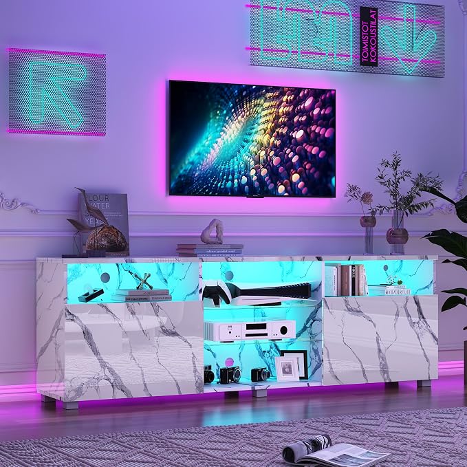 Hlivelood 70" Large LED TV Stand for 65/70/75Inch TV, High Glossy White TV Stand for Living Room,Modern Gaming TV Entertainment Center with Adjustable Storage Shelf,TV Console(White Marble) by Hlivelood