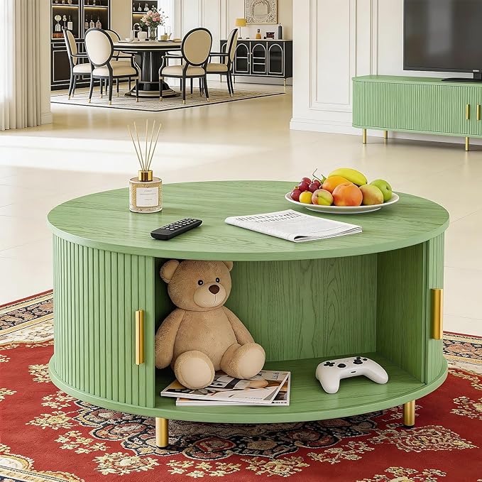 DHH Round Coffee Table, 31.5" Mid Century Modern Coffee Table with 360° Sliding Tambour Door, Fluted Accent Table with Storage Adjustable Footpads for Living Room (Green)