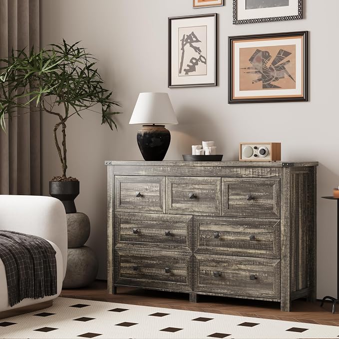Dresser for Bedroom with 7 Drawers, Farmhouse Wooden Chest of Drawers, Wide Dresser TV Stand Closet Storage with Metal Handle, Modern Clothes Organizer for Hallway, Living Room, Entryway, Dark Brown - Image 2