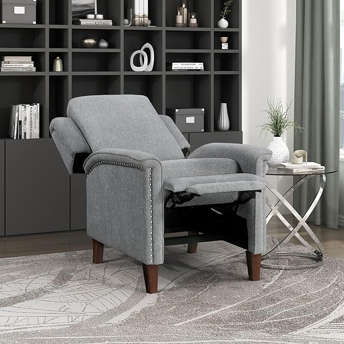 Lexicon Push Back Recliner Chair with Footrest, Reclining Sofa Armchair, Modern Chenille Fabric Recliner with Nailhead Trim for Living Room/Office/Apartment, Gray