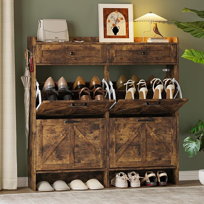 BORNOON Shoe Storage Cabinet for Entryway, Farmhouse Wide Shoe Cabinet with 4 Flip Drawers and 2 Top Drawers, Freestanding Organizer with Adjustable Shelves, Hooks, and Anti-Tip Kit for Hallway by BORNOON