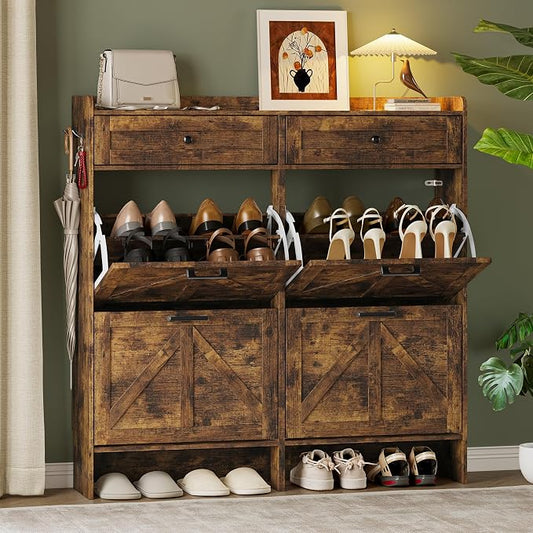 BORNOON Shoe Storage Cabinet for Entryway, Farmhouse Wide Shoe Cabinet with 4 Flip Drawers and 2 Top Drawers, Freestanding Organizer with Adjustable Shelves, Hooks, and Anti-Tip Kit for Hallway by BORNOON